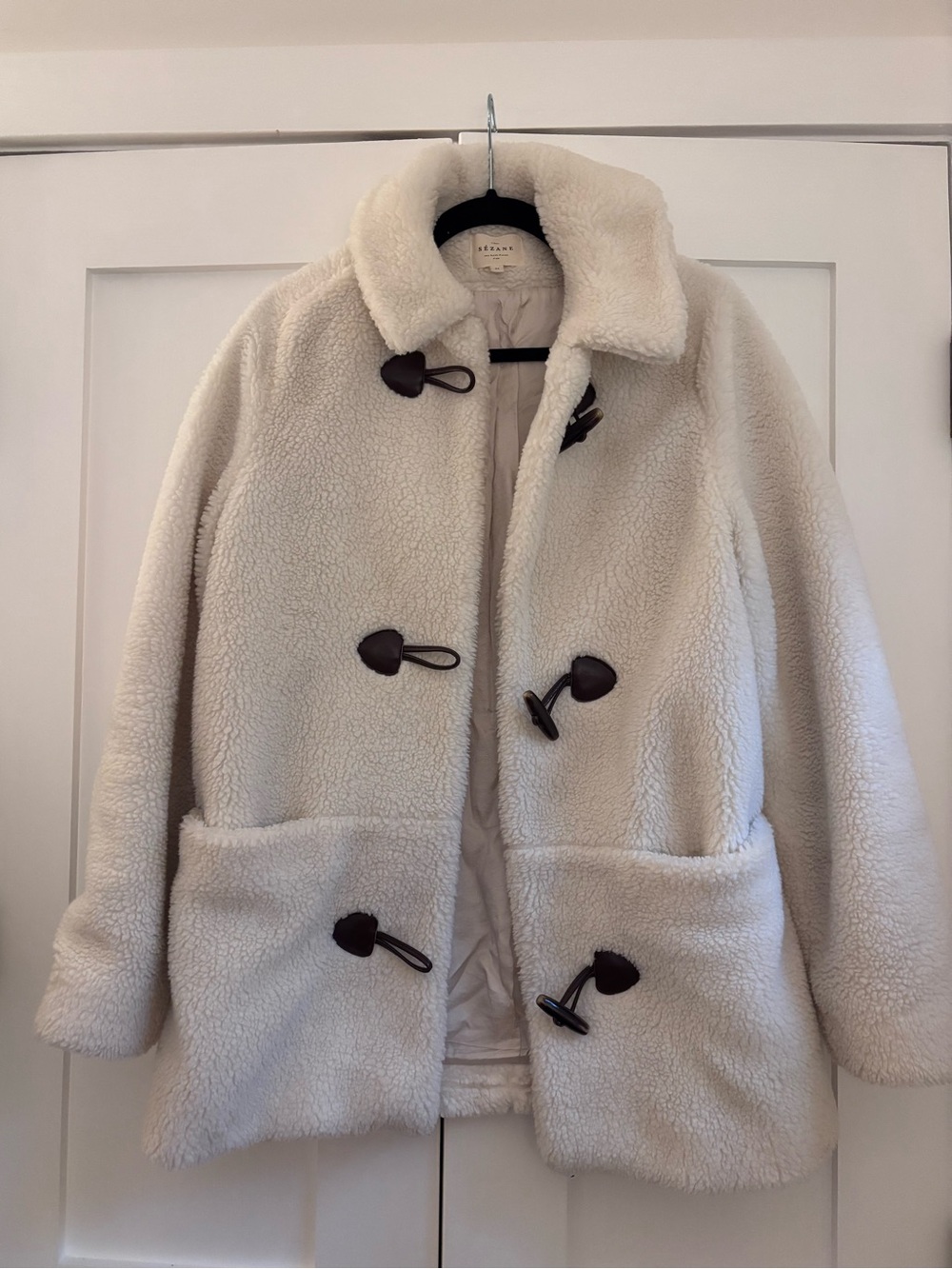 Sezane Cream Sherpa Toggle Coat